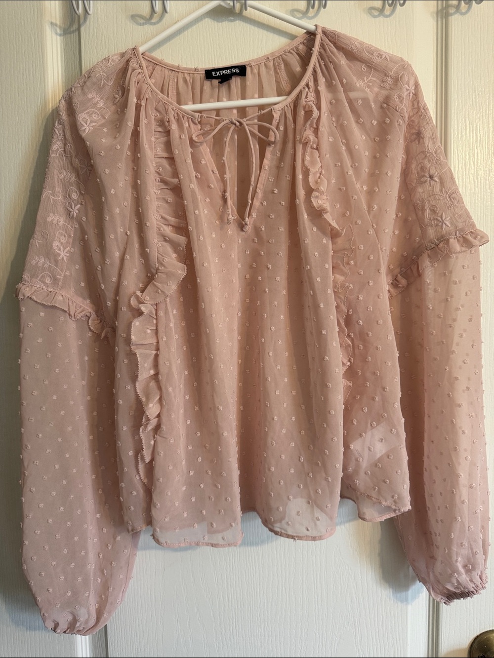 Express Blush Pink Swiss Dot Ruffle Peasant Blouse